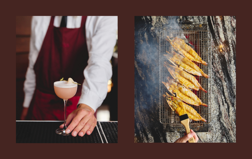 Image on the left from the Glass Wine Bar of a cocktail and an image on the right of prawns being grilled